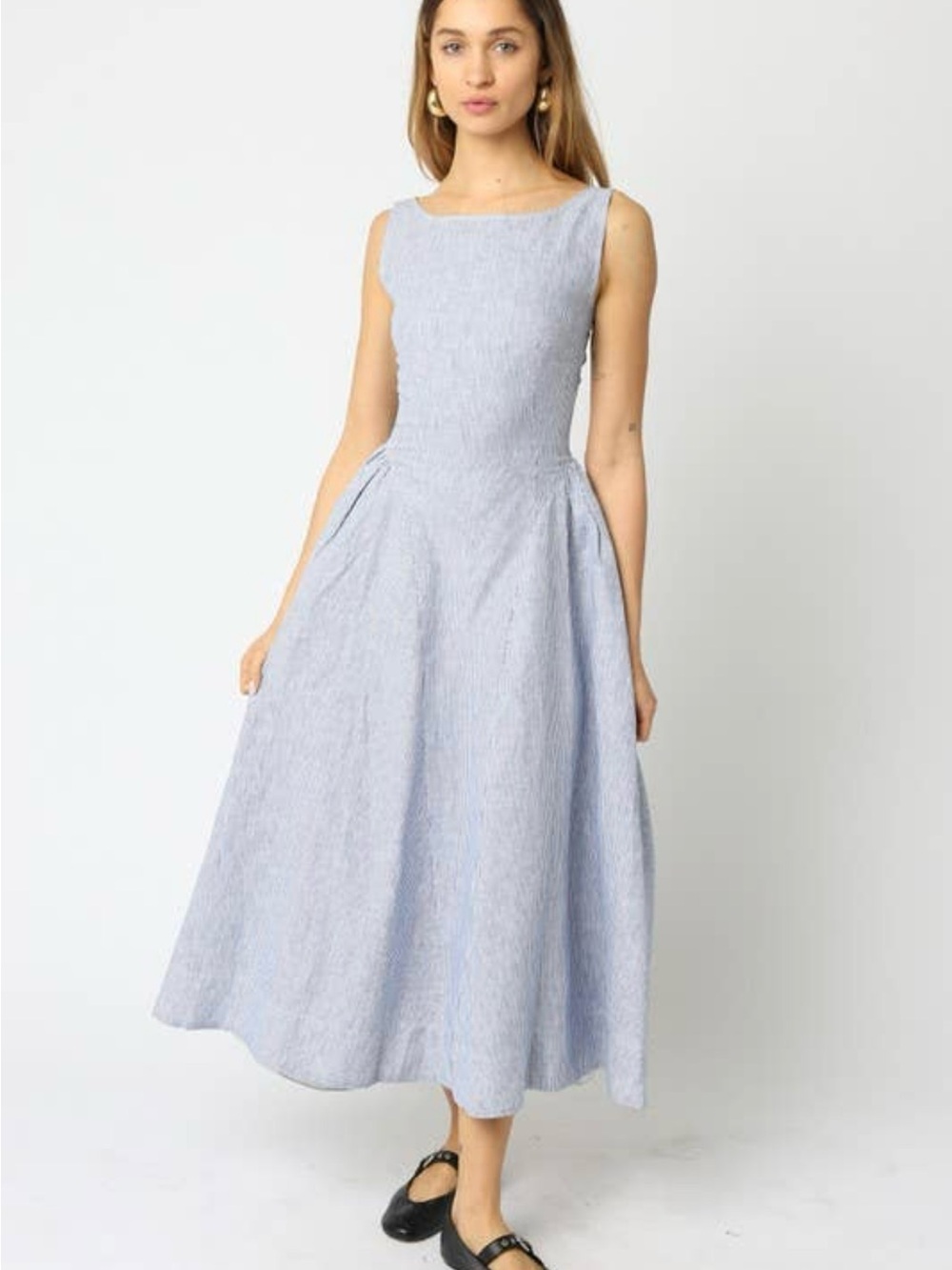 Sleeveless Light Blue Striped Midi Dress